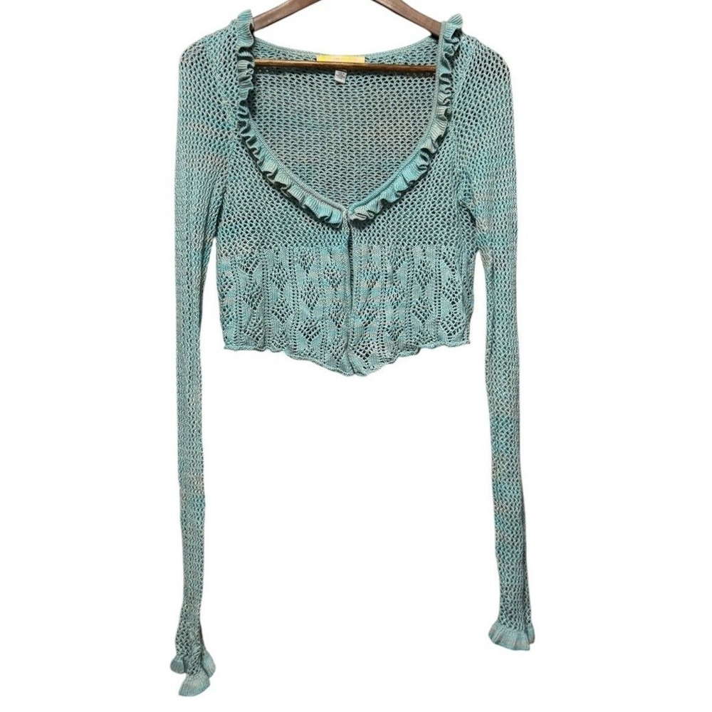 Urban Outfitters Cardigan Womens M Teal Excellent Ruffle Open Knit Crop Sweater